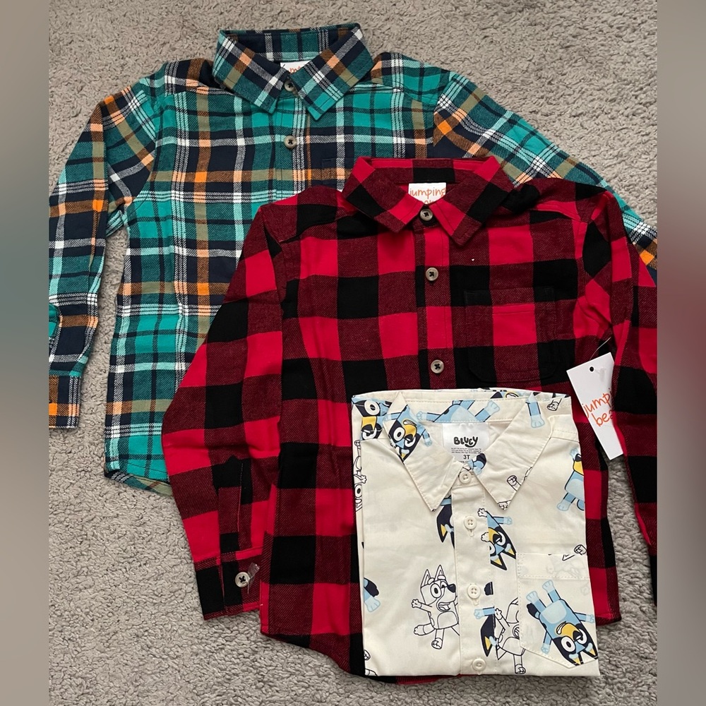 3T Toddle Boy Shirts Bundle of 3 Long Sleeve Plaid and Bluey 100% Cotton NEW